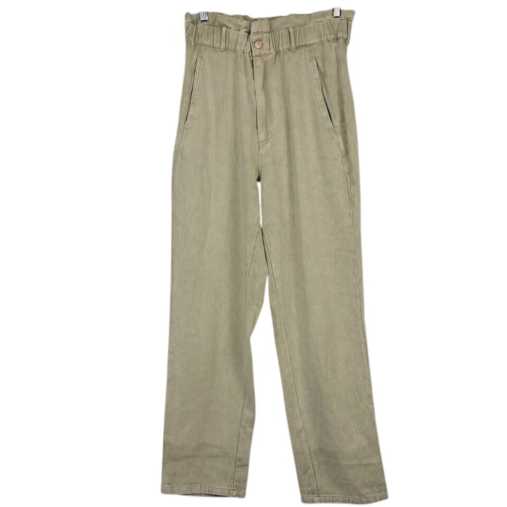 EE:SOME S Paperbag Waist Sage Green Cotton Denim Pants High‎ Rise Straight Leg
